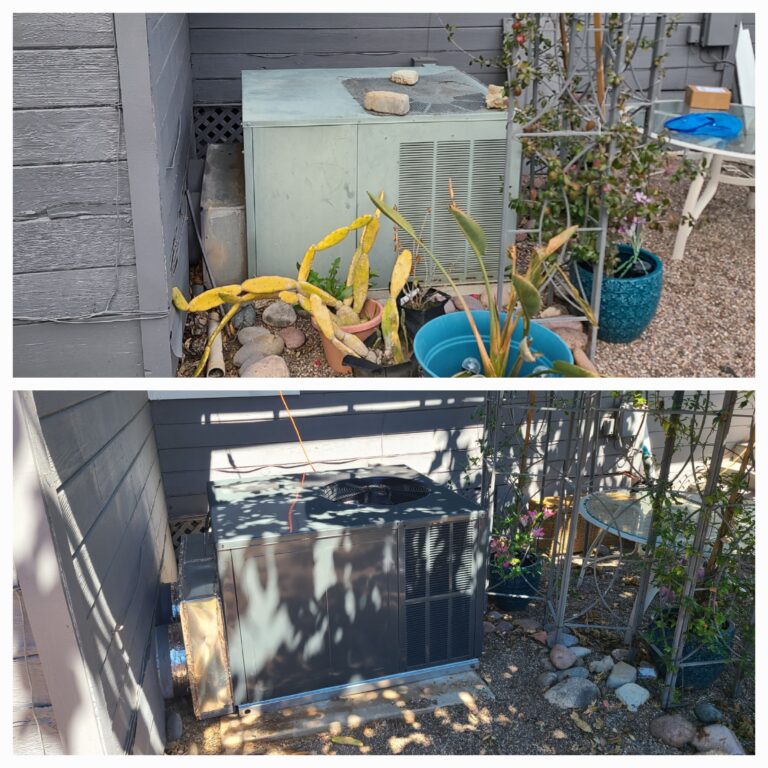 HVAC unit replacement showcasing old and new air conditioning systems in a landscaped outdoor setting, emphasizing Dale-Air's air conditioning installation services.