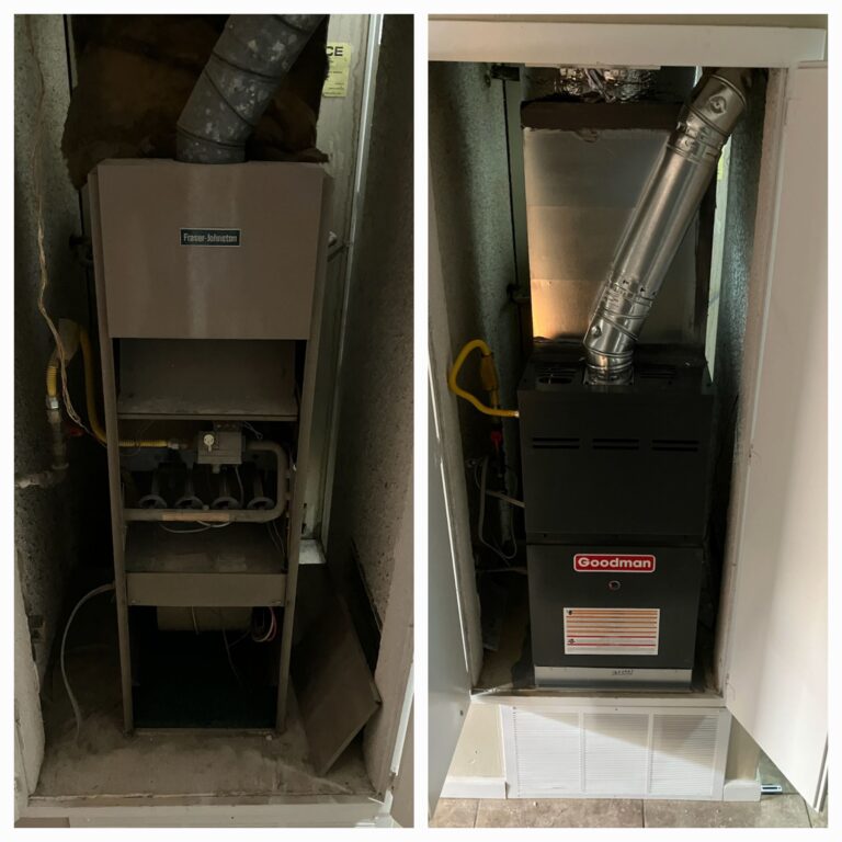 HVAC system installation showcasing a before-and-after comparison of a furnace replacement, highlighting a Frigidaire unit on the left and a Goodman model on the right, emphasizing quality service and efficient heating solutions in San Diego.