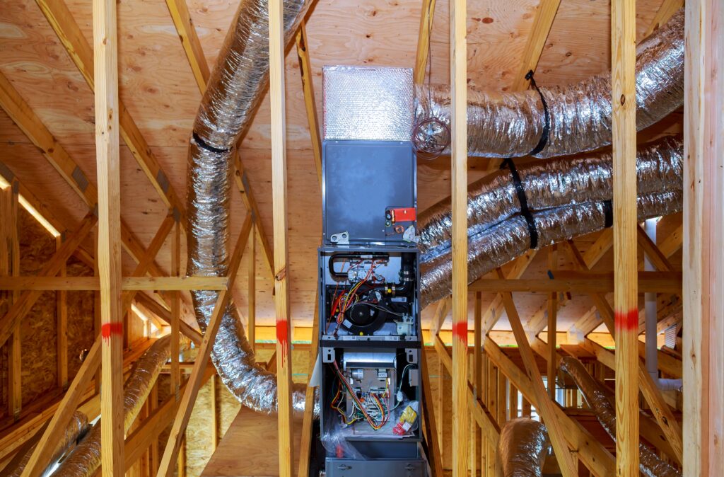 installation of heating system on the roof of the pipe system of heating closeup