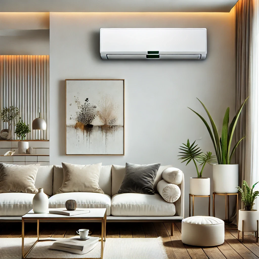 Ductless mini-split air conditioning unit mounted on a wall in a modern living room, featuring a cozy sofa, decorative pillows, and indoor plants, highlighting energy-efficient heating and cooling solutions for home comfort.