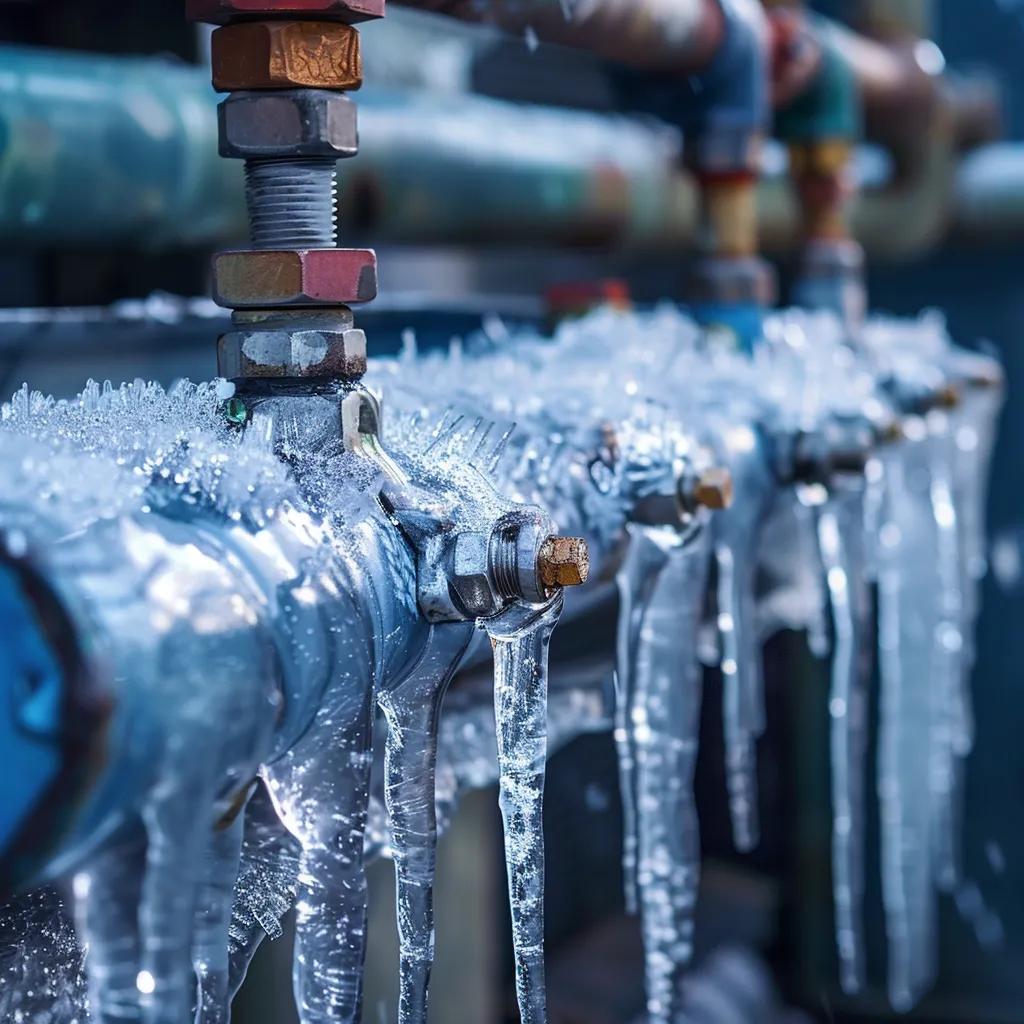 Close-up of refrigerant leak on HVAC system with ice on evaporator coil
