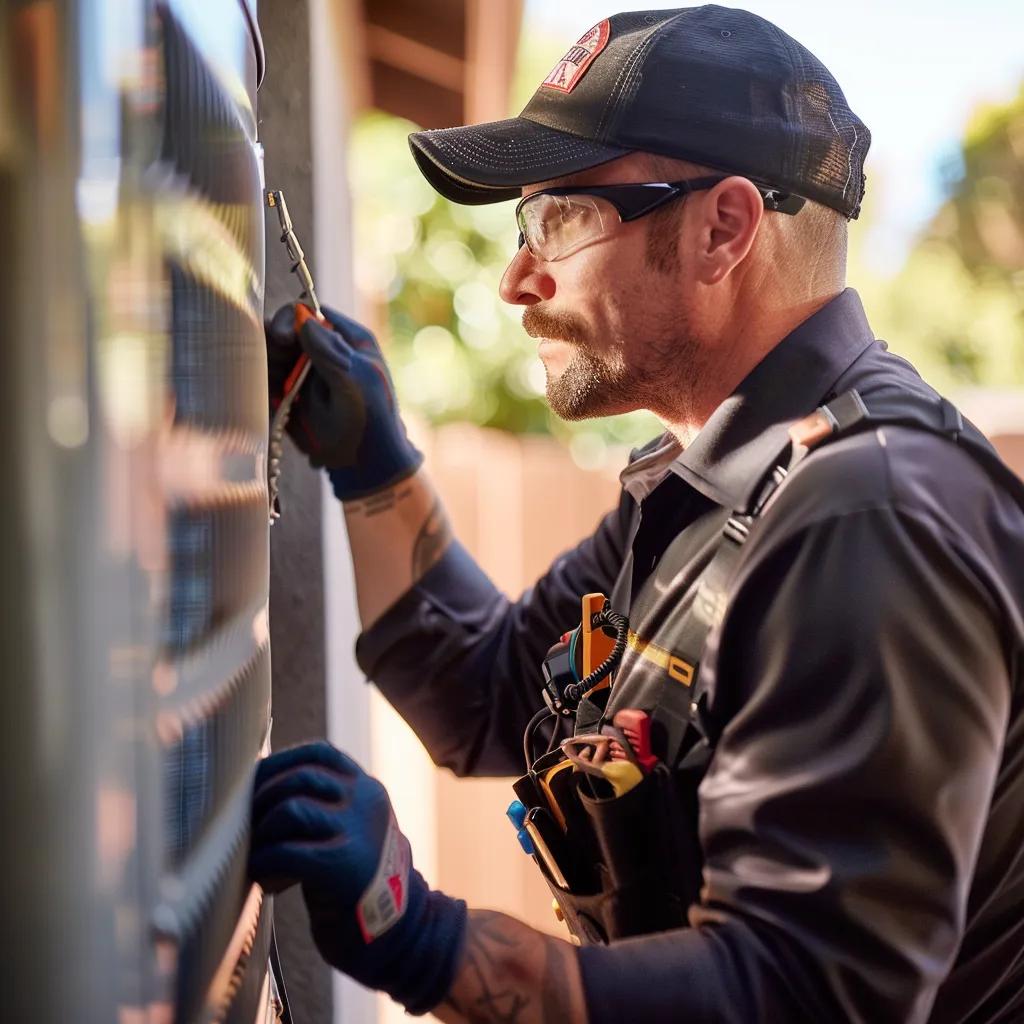 HVAC technician repairing air conditioning unit in San Diego residential area