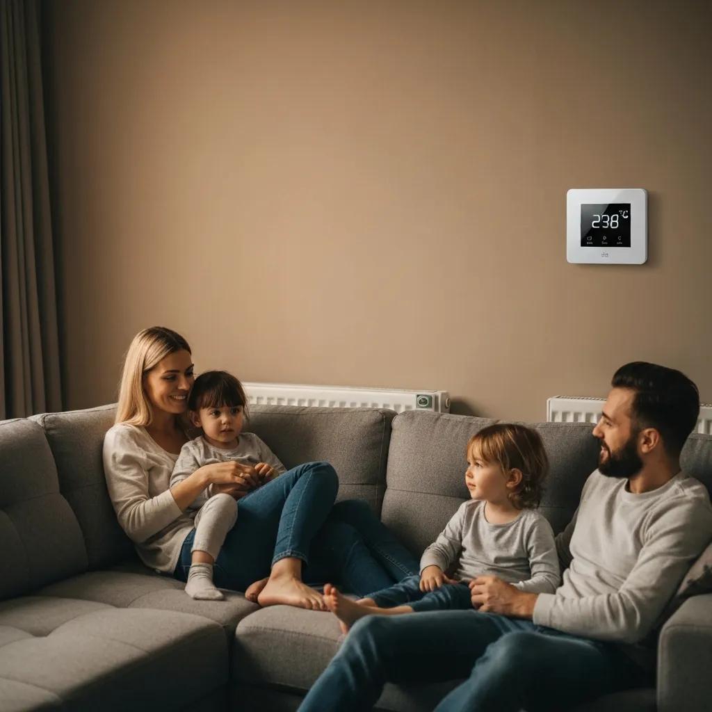 Cozy living room with a smart thermostat, emphasizing energy efficiency and family comfort