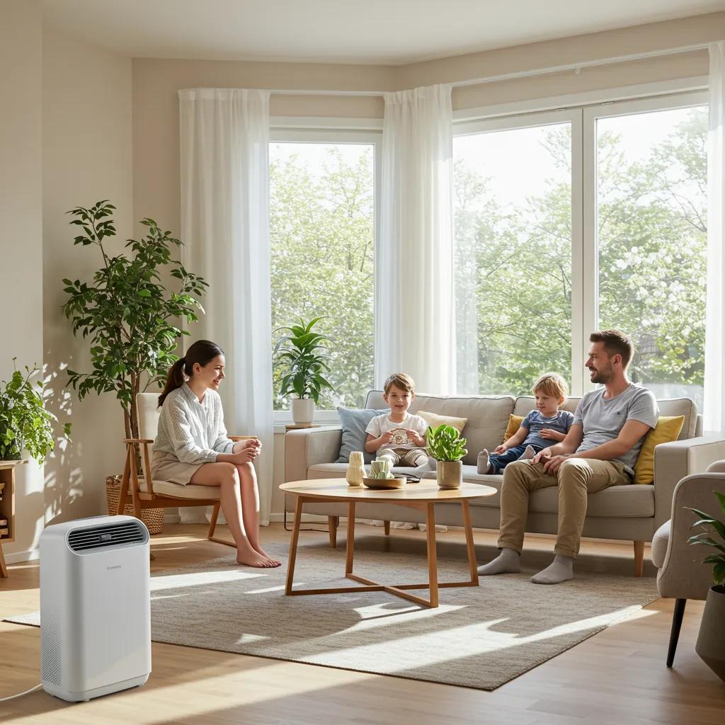 Family enjoying a healthy indoor environment with air quality improvement elements