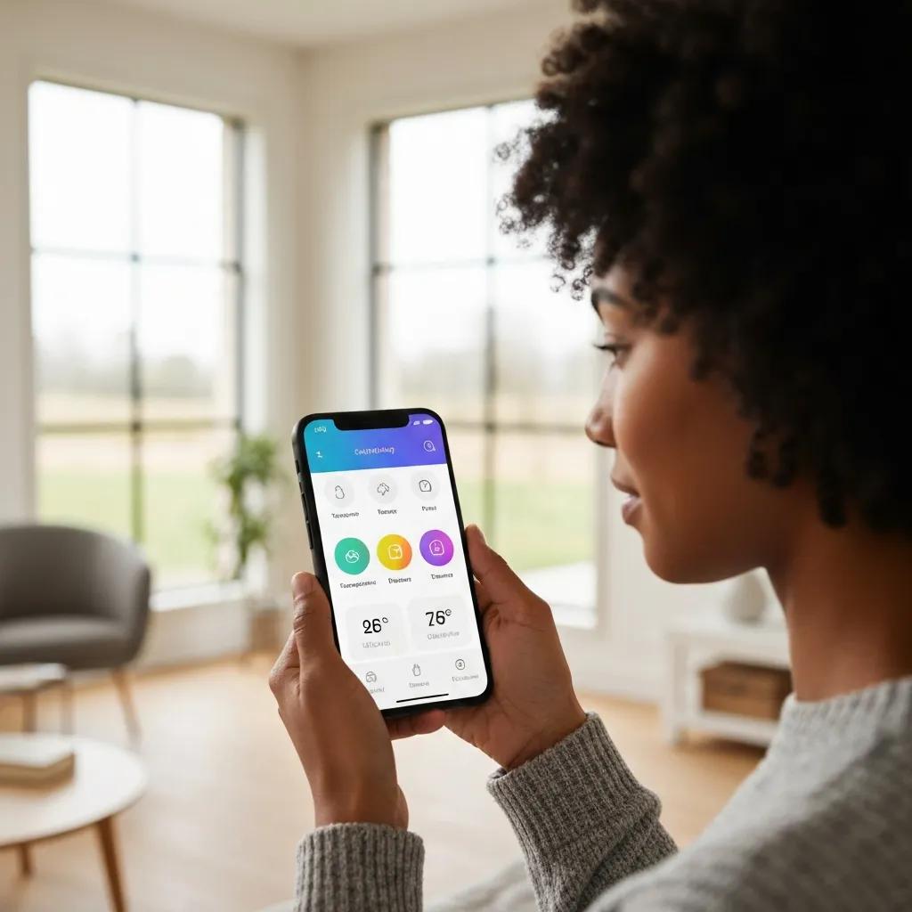 Person controlling a smart thermostat via smartphone, illustrating the benefits of energy savings