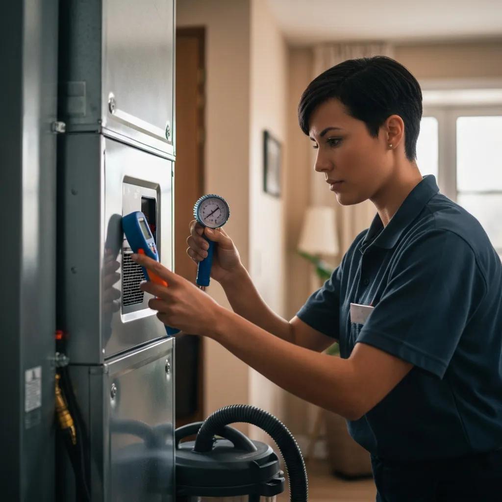 Technician performing furnace maintenance, highlighting tips for improving heating efficiency