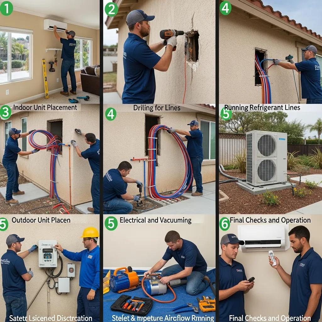 Step-by-step installation process of ductless mini-split systems in a San Diego home, highlighting professional service